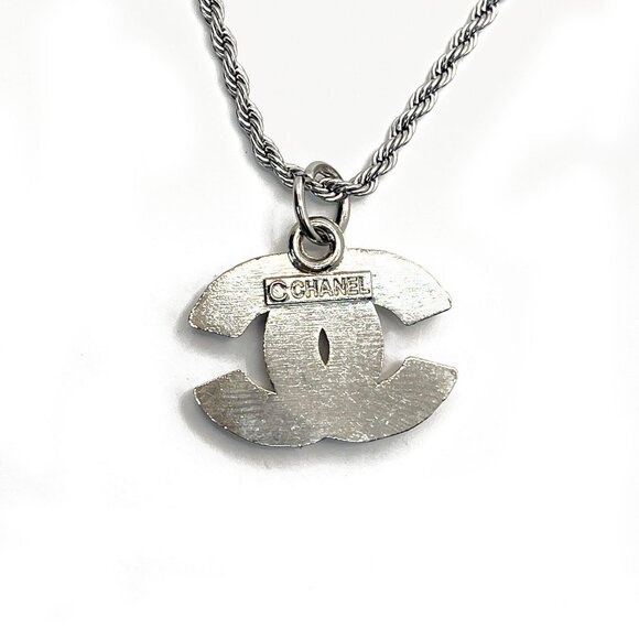 Authentic CHANEL CC Rhinestone Charm Pendant Necklace Silver Chain - Picture 7 of 9